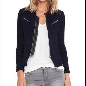 IRO navy blue Ceylona waffle knit jacket with leather trim